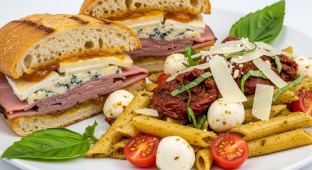 Black Forest Ham & Brie Sandwich with Penne Mozzarella Sun-Dried Tomato Pasta Salad