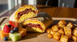 Vegan Plant Based Bacon Breakfast Wrap with Potatoes and Fresh Fruit