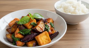 Spicy Eggplant and Fried Tofu with Fresh Basil Rice Box