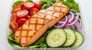  Grilled Salmon (Olive Oil Only) Salad, Tomatoes, Cucumber, Onion (no dressing)