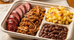 Combo Meal: Louisiana Hot Link, Pulled Pork, Macaroni Cheese & Vegan Baked Beans