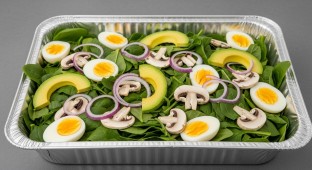 California Spinach Salad Baby Spinach, Avocados, Red Onions, White Mushrooms, Hard Boiled Eggs