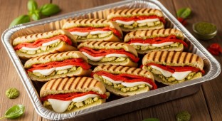 GLUTEN FREE Pesto Chicken Panini Melted Fresh Mozzarella and Fire Roasted Peppers