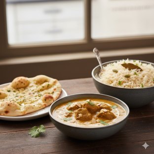 Lamb Korma with Basmati Rice and Garlic Naan