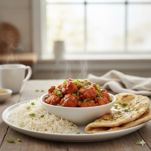 Chili Chicken with Basmati Rice and Butter Naan
