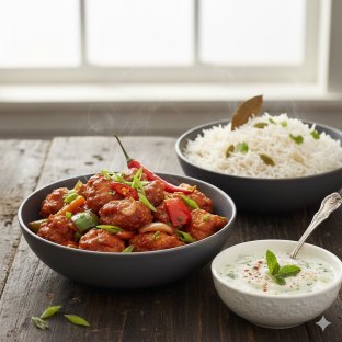 Chili Chicken with Basmati Rice and Raita