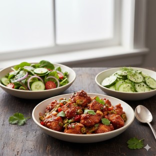 Chili Chicken with Green Salad and Cucumber Salad