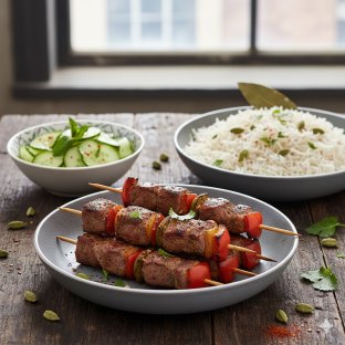 Lamb Tikka Kebab with Basmati Rice and Cucumber Salad