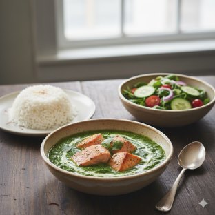 Salmon Palak with Basmati Rice and Green Salad