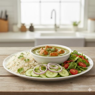 Salmon Palak with Basmati Rice and Cucumber Salad