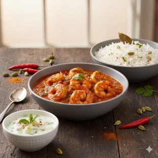 Shrimp Vindaloo with Basmati Rice and Raita
