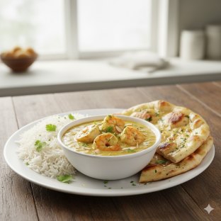 Shrimp Korma with Basmati Rice and Butter Naan