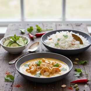 Shrimp Korma with Basmati Rice and Cucumber Salad