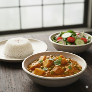 Vegan Aloo Matar with Basmati Rice and Green Salad