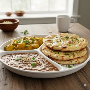 Vegan Aloo Matar with Dal Makhani and Garlic Naan