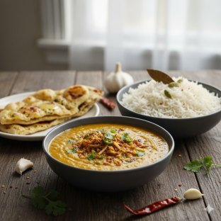 Vegan Dal Tadka with Basmati Rice and Garlic Naan