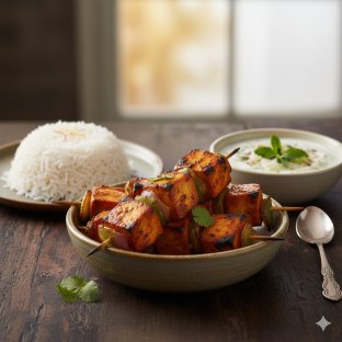 Paneer Tikka Kebab with Basmati Rice and Raita