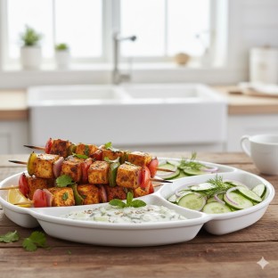 Paneer Tikka Kebab with Raita and Cucumber Salad