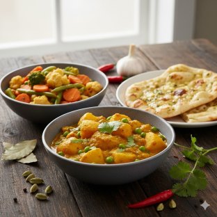 Vegan Mixed Vegetables with Vegan Aloo Matar and Garlic Naan