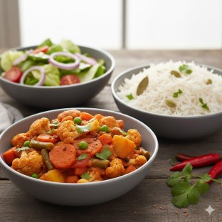 Vegan Mixed Vegetables with Basmati Rice and Green Salad
