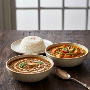 Dal Makhani with Vegan Coconut Vegetable Curry and Basmati Rice