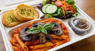 Penne Marinara With Grilled Portobello With a House Salad and Garlic Bread