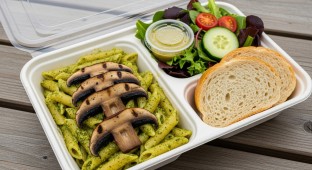 Vegan Penne Pesto With Grilled Portobello With a House Salad and Dairy-Free Bread