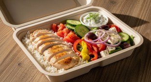 [NO GARLIC] White Rice Chicken Bowl with Greek Salad & Tzatziki
