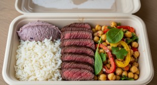 [NO GARLIC] White Rice Steak Bowl with Chickpea Salad & Eggplant Spread