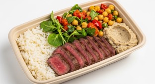 White Rice Steak Bowl with Chickpea Salad & Eggplant Spread (Allergen Free)