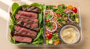 Organic Greens Steak Bowl with Eons Salad & Hummus Spread