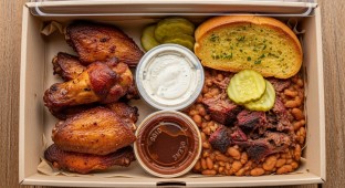 Smoked Wings with Brisket Beans, Garlic Bread