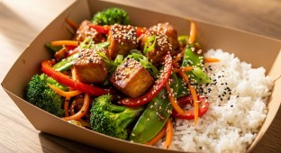 Spicy Sesame Tofu and Veggie Stir-Fry with Rice