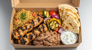 Grilled Chicken Skewers & Pulled Pork w/ Rice, Grilled Vegetables & Pita w/ Dip