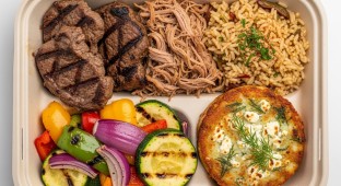 Grilled Lamb & Pulled Pork, Rice, Grilled Vegetables, & Potato Cake, Feta & Dill