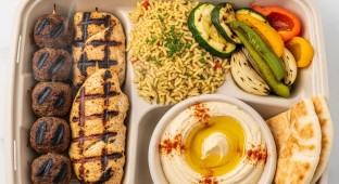 Grilled Beef Meatball Skewers & Chicken, Rice, Grilled Vegetables, Hummus, Pita