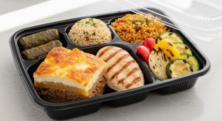 Beef Moussaka & Grilled Chicken Filet with Rice, Grilled Vegetables and Dolmas