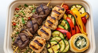 Grilled Lamb Loin & Chicken Skewers, Rice, Grilled Vegetables & Spinach-Feta Filo Dough Roll