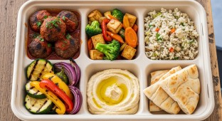 Vegan Grilled Meatball Stew & Tofu Stir Fry, Rice, Vegetable, Hummus, Pita