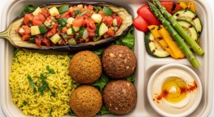 Stuffed Eggplant & Vegan Meatballs, Rice, Grilled Vegetables, Falafel, & Hummus