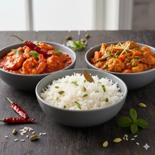 Shrimp Vindaloo | Rice | Mixed Vegetable Curry