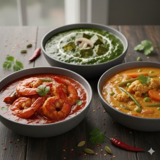 Shrimp Vindaloo | Vegetable Korma | Saag Paneer