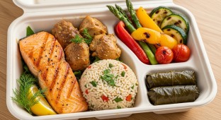 Grilled Salmon & Braised Chicken with Rice, Grilled Vegetables and Dolmas