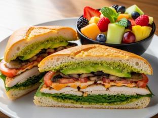 Dairy-Free Spiffy Tiffy Sandwich on Dutch Crunch With Fruit Salad