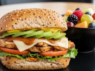 Bella Sandwich on a Whole Wheat Roll With Fruit Salad