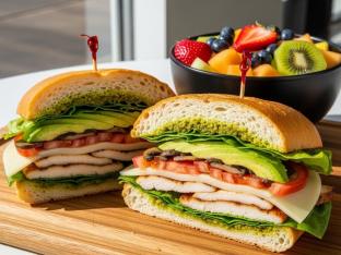 Spiffy Tiffy Sandwich on Dutch Crunch [No Dirty Sauce] With Fruit Salad