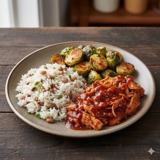 Kansas Pulled Bbq Chicken, Rice & Black Eyed Peas, Crispy Brussels Sprouts