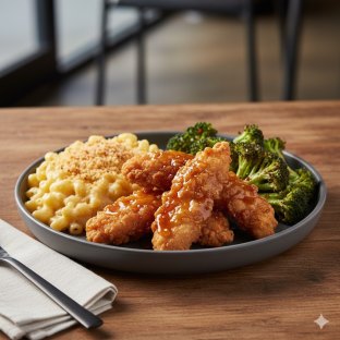 Sticky Fried Chicken Strips: Macaroni & Cheese, Roasted Broccoli