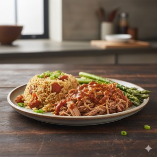 Carolina Bbq Pulled Pork: Dirty Rice, Grilled Asparagus