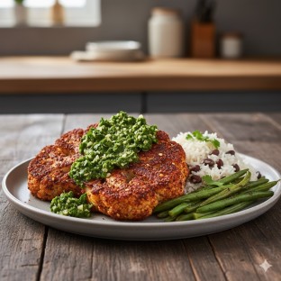 Chili Rubbed Cauliflower Steak: Black Eyed Peas & Rice, Green Beans